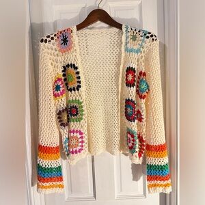 Colorful Floral Flower Crochet Open-Front Sweater Cardigan Granny Square